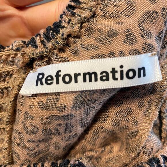 Reformation Toulouse Leopard Midi Dress Womens Sz 2 100% Linen Tiered Smocked - Picture 7 of 7